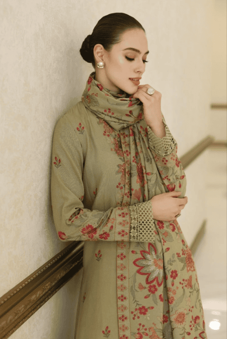 3 Piece - Unstitched Fully Embroided Dhanak Fabric With Embroidered Shawl