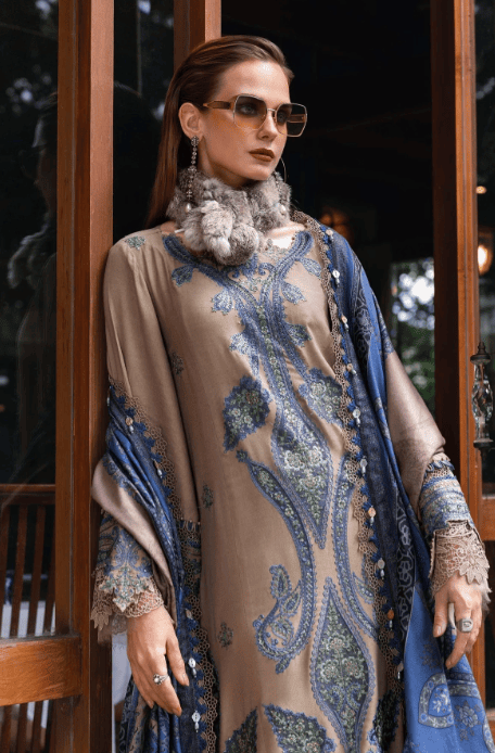 MB 3050 - 3 Piece Unstitched Heavy Embroidered Dhanak Fabric With Printed Wool Shawl