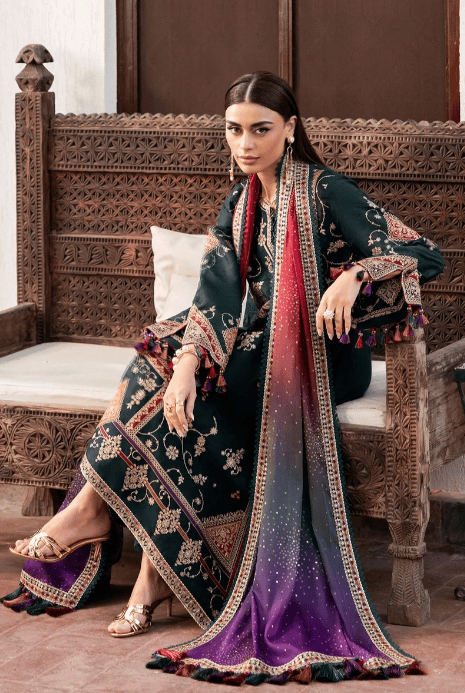 Dhanak Fabric - 3 Piece Unstitched Embroidered Dress With Printed Shawl JZ-3050