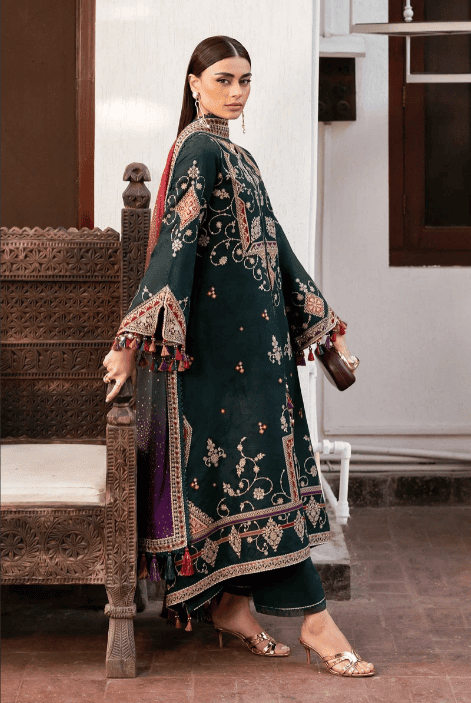 Dhanak Fabric - 3 Piece Unstitched Embroidered Dress With Printed Shawl JZ-3050