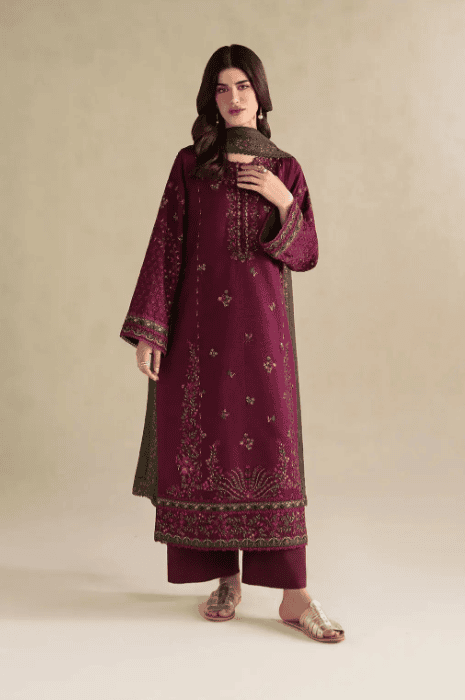 IZ-2705 3 Piece Unstitched Embroidered Dhanak Fabric With Four-sided Embroidered Shawl