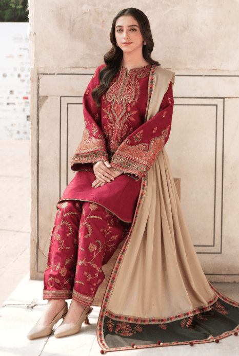 Dhanak Fabric - 3 Piece Unstitched Fully Embroidered Dress With Embroidered Shawl JZ 3100