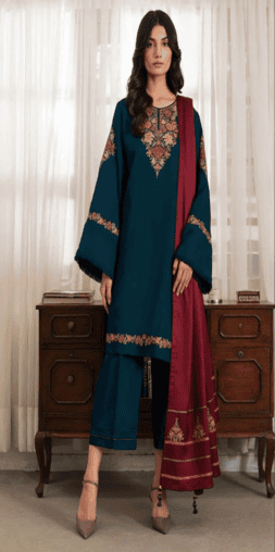JZ 3030 - 3 Piece Unstitched Embroidered Dhanak Fabric With Embroidered Dhanak Shawl