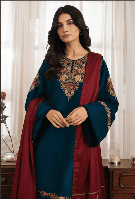 JZ 3030 - 3 Piece Unstitched Embroidered Dhanak Fabric With Embroidered Dhanak Shawl
