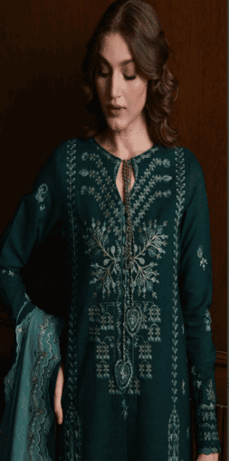 Dhanak Fabric - 3 Piece Unstitched Embroidered Dress With Embroidered Dhanak Shawl BT 3010