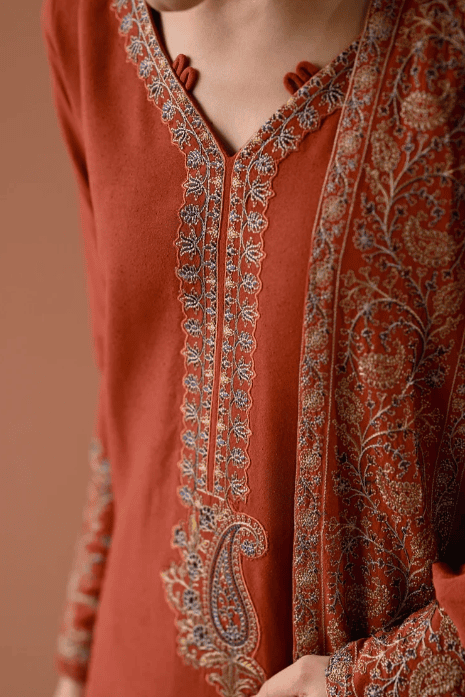 BT-2880 3 Piece Unstitched Embroiered Dhanak Fabric With Dhanak Embroidered Shawl