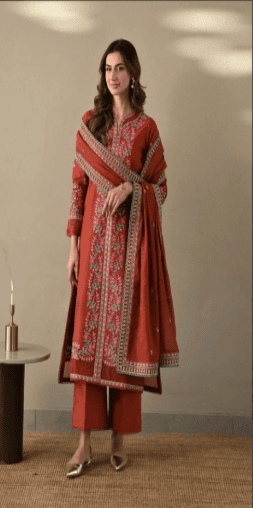 CO-3000 - 3 Piece Unstitched Embroidered Dhanak Suit With Four-sided Embroidered Dhanak Shawl