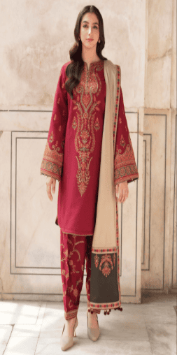 Dhanak Fabric - 3 Piece Unstitched Fully Embroidered Dress With Embroidered Shawl JZ 3100