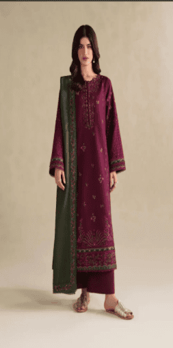 IZ-2705 3 Piece Unstitched Embroidered Dhanak Fabric With Four-sided Embroidered Shawl