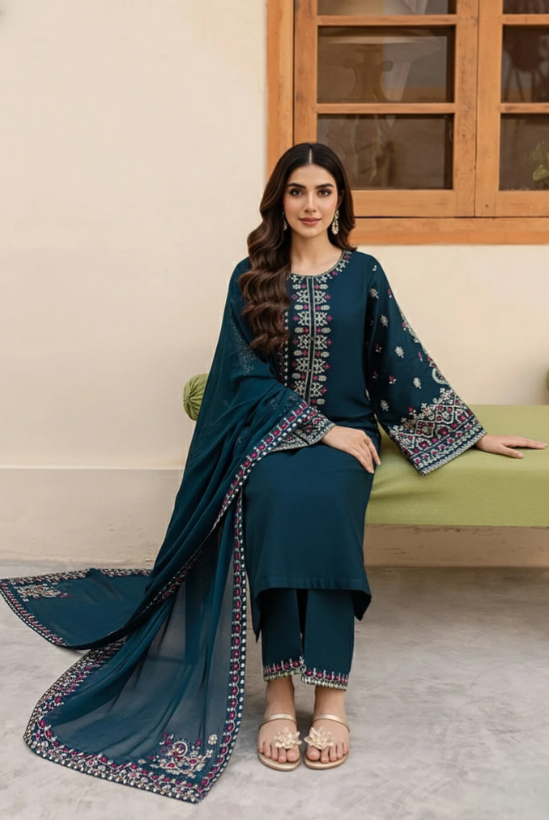 3 Piece - Unstitched Fully Embroidered Lawn Fabric LM-585 - Image 2