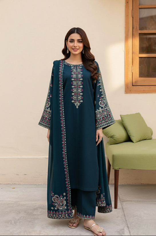 3 Piece - Unstitched Fully Embroidered Lawn Fabric LM-585 - Image 3