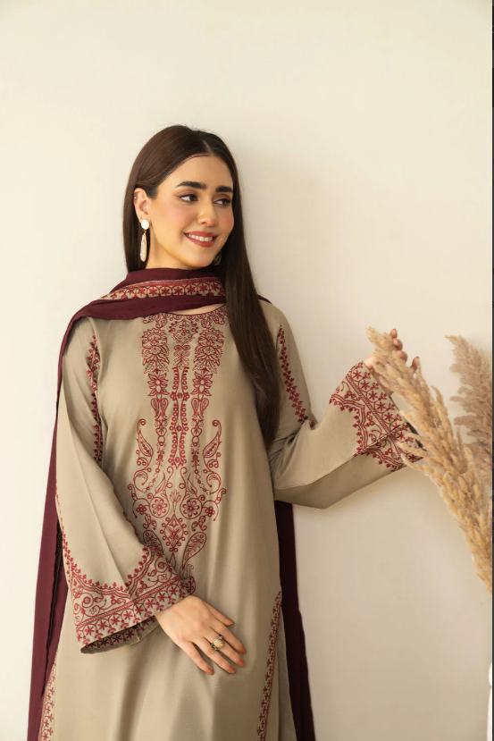 3 Piece - Unstitched Fully Embroidered Dhanak Fabric KD-910 - Image 2