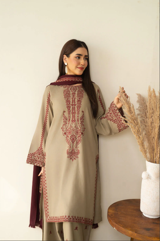 3 Piece - Unstitched Fully Embroidered Dhanak Fabric KD-910 - Image 3