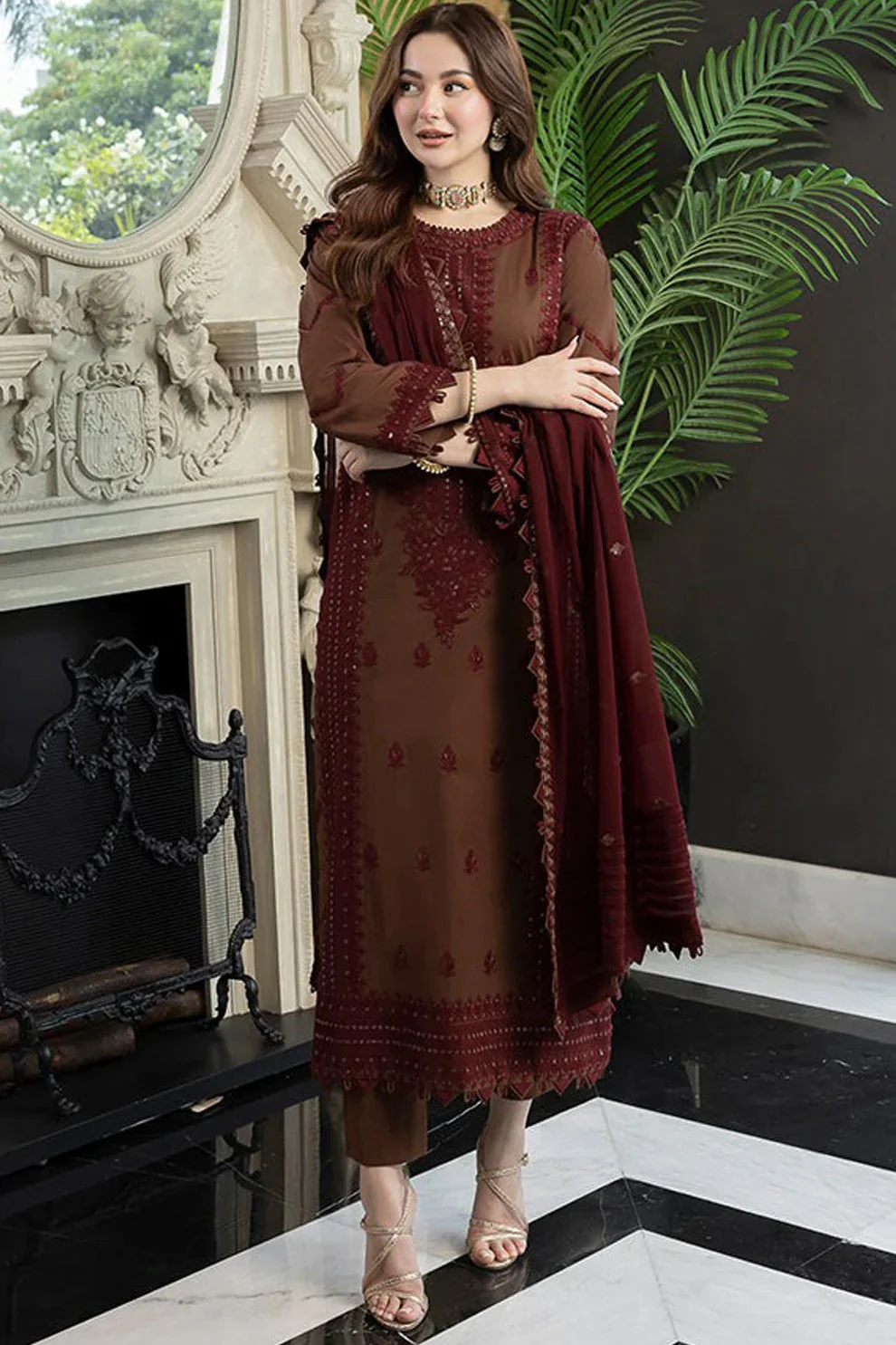 3 Piece - Unstitched Fully Embroidered Lawn Fabric with Chiffon Dupatta AJ-56 - Image 3