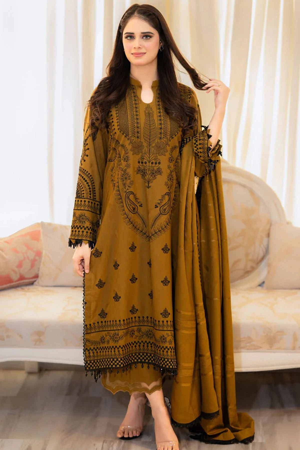 3 Piece - Unstitched Fully Embroidered Lawn Fabric MB-100